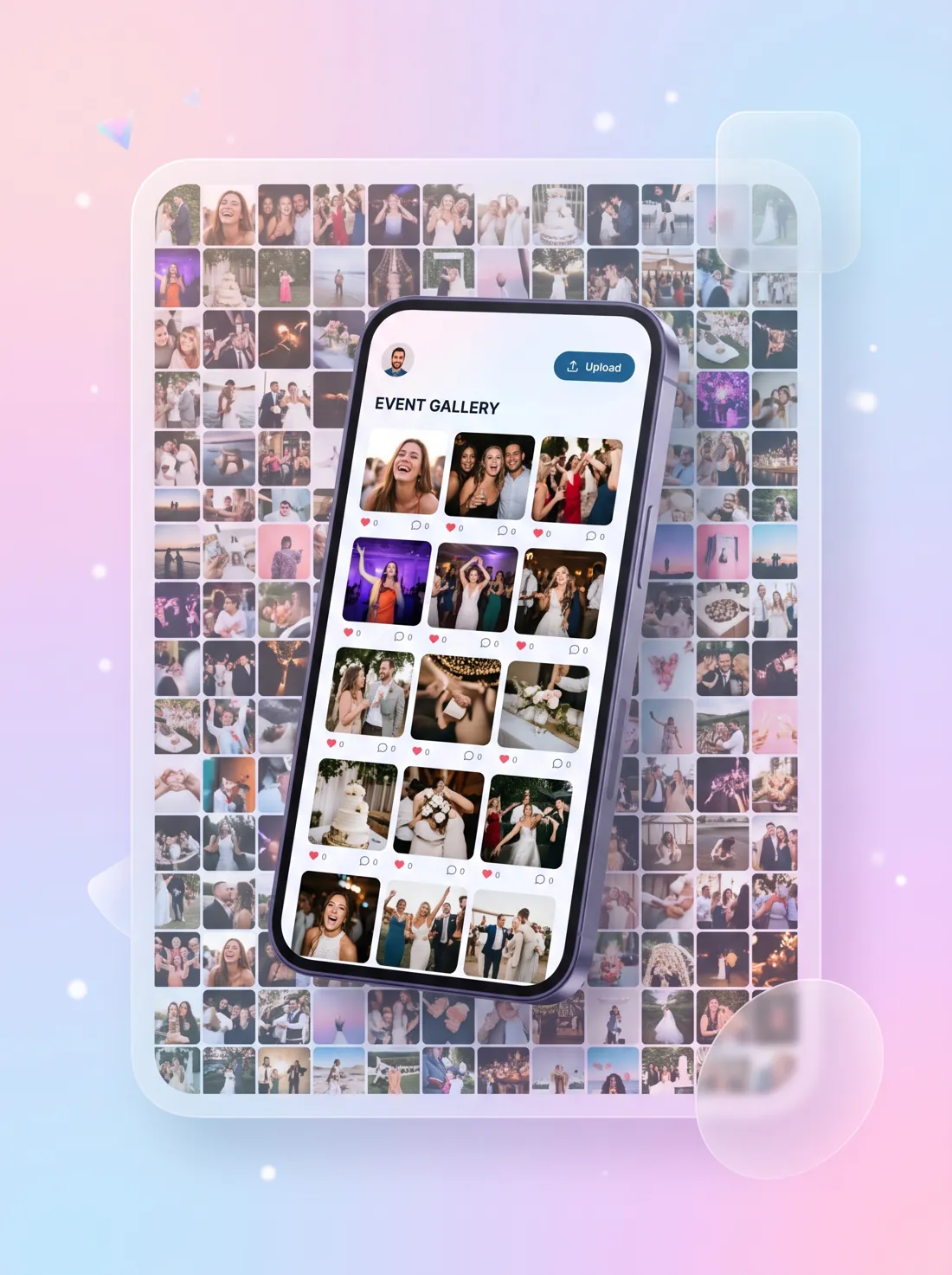 Guests' event photos collected into one shared LoopVault gallery on a phone