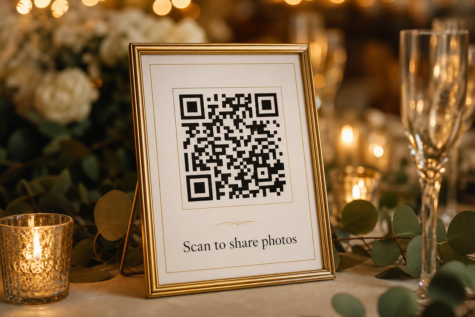 A gold-framed QR code on a wedding reception table with candles